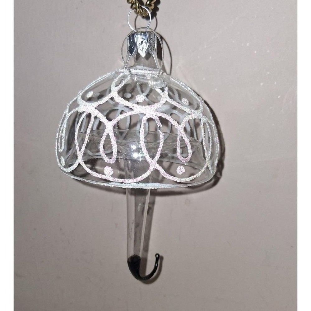 Vintage Blown Glass Umbrella Christmas Ornament Clear Glass White Glitter Scroll